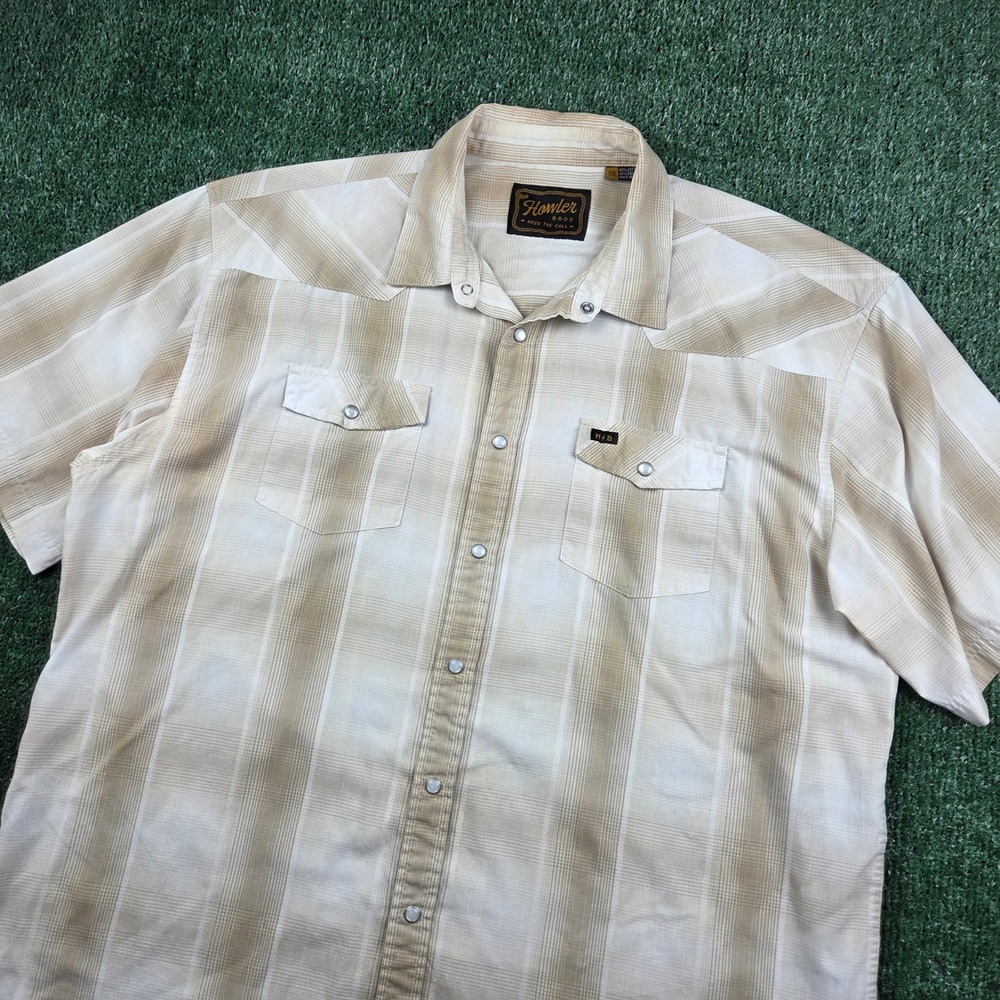 Howler Brothers Mens XXL Short Sleeve Western Pearl Snap Plaid Shirt Tan Ombre